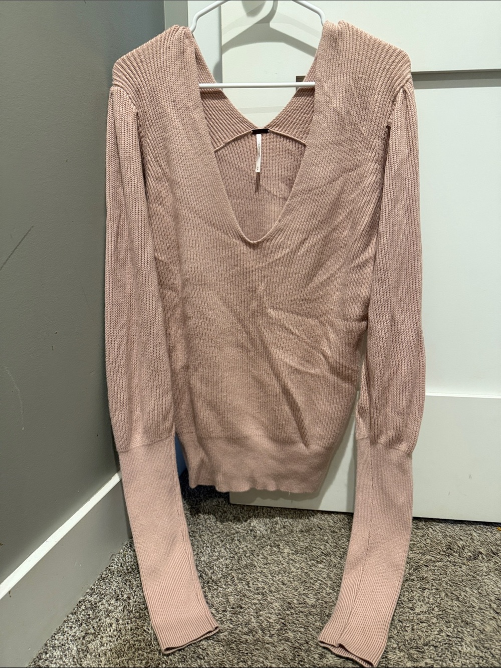 Free People Blush Pink Deep V Ribbed Knit Sweater